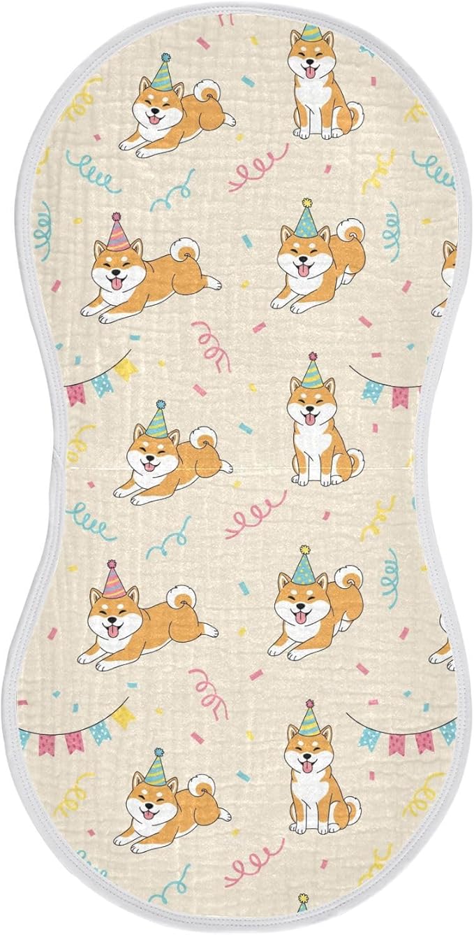 1 Pack Muslin Burp Cloths Shiba Dogs Party Beige Cotton Baby Burp Cloths Soft Burping Cloth Absorbent Spit Up Rags for Newborn Babies 22x11 Inch