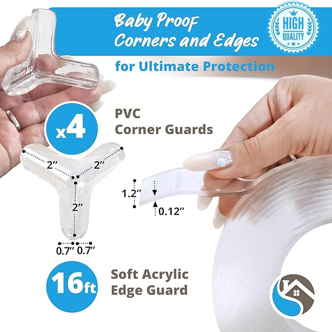 Furniture Corner & Edge Safety Bumpers, 16ft Edge Protector & 4 Clear Corner Protector Baby Proofing. Clear Corner Guards for Corner Table Protector for Kids. Cabinet Edge Protector & Corner Bumpers