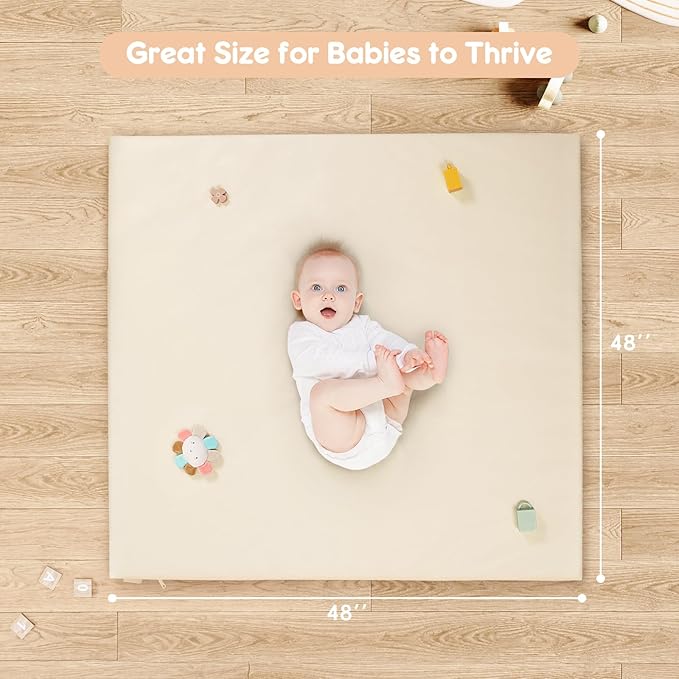 Padded Baby Play Mat, Super Soft Vegan Leather Floor Mat for Baby Girls and Boys, 48x48 Non-Slip Thick Foam Cushioned Playmat for Babies 6-12 Months, Fits Nicely Into 50x50 Playpen Mat, Pink