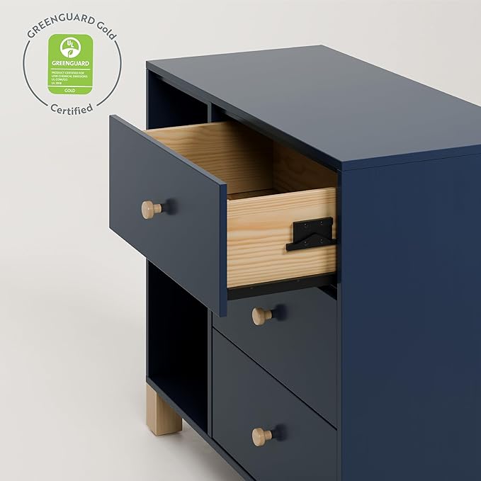 Storkcraft California 3 Drawer Combo Dresser (Midnight Blue with Driftwood) – GREENGUARD Gold Certified, Interlocking Drawer System, Pre-Installed Drawer Tracks for Easier Assembly, Spacious Cabinet