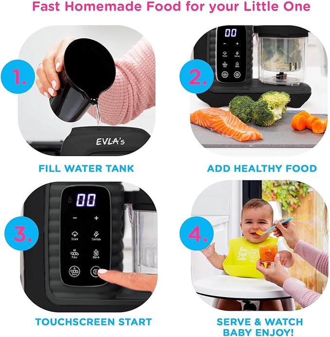 EVLA'S Double Baby Food Maker with 2 Steaming Baskets, Steamer, Blender, Grinder, Food Processor, Cook & Blends Healthy Baby Food in Minutes, Touch Screen, with 6 food pouches, Dark Grey