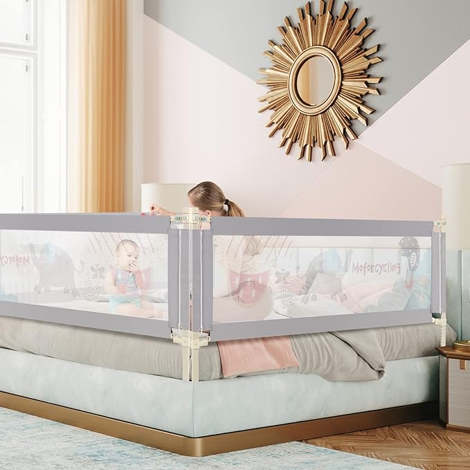 BABY JOY Bed Rail for Toddlers, 77’’ Extra Long, Height Adjustable & Foldable Baby Bed Rail Guard w/Breathable Mesh & Double Safety Child Lock for Kids Twin Double Full Size Queen King Mattress, Gray