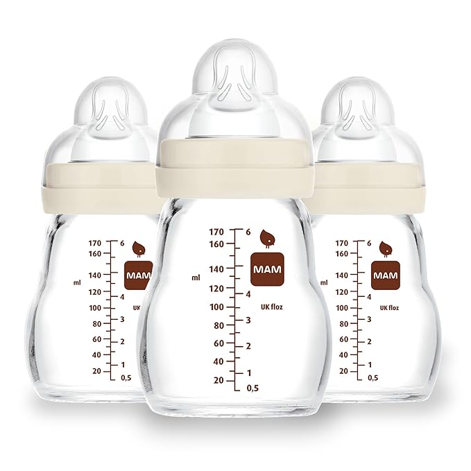 MAM Premium Glass Baby Bottles, Easy Switch Between Breast and Bottle, Feel Good Slow Flow, Newborn Essentials Must Have, 0+ Months, BPA Free, 6oz, Unisex, 3 Pack