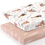 GRSSDER Stretchy Ultra Soft Jersey Knit Fitted Pack n Play Sheets Set 2 Pack, Fit Portable/Mini Crib, Playards Mattress Pads Safe and Snug, Pretty Fox for Baby Girls