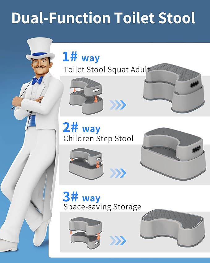 MR.SIGA Toilet Stool Squat Adult, Bathroom Stool Heavy Duty, Anti Slip Toilet Step for Bathroom, Toddler Step Stool for Kids, Light Gray & Dark Gray