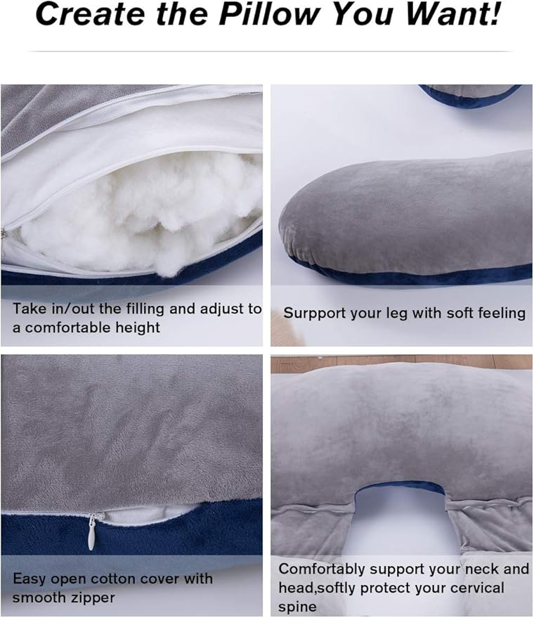 60in Full Body Pillow | Nursing, Maternity and Pregnancy Body Pillow | Awesling Extra Large U Shape Pillow and Lounger with Detachable Side, Separate Support Pillow and Removable Cover (Grey Blue)