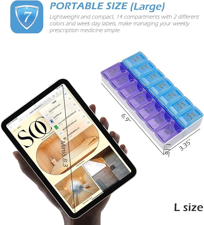 VOFOON Travel Pill Organizer 2 Times a Day, Large AM PM Pill Organizer 7 Day, PU Leather Daily Pill Box Case, Weekly Pill Medicine Organizer for Vitamins Medicine Fish Oils Supplements (L Size)