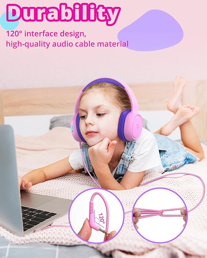 Tronsmart KH01 Kids Headphones - Foldable Over-Ear With Safety Volume 85/93dB, HD Stereo, 3.5mm Jack for Boys/Girls/School/Kindle/Travel/Tablets (Pink)