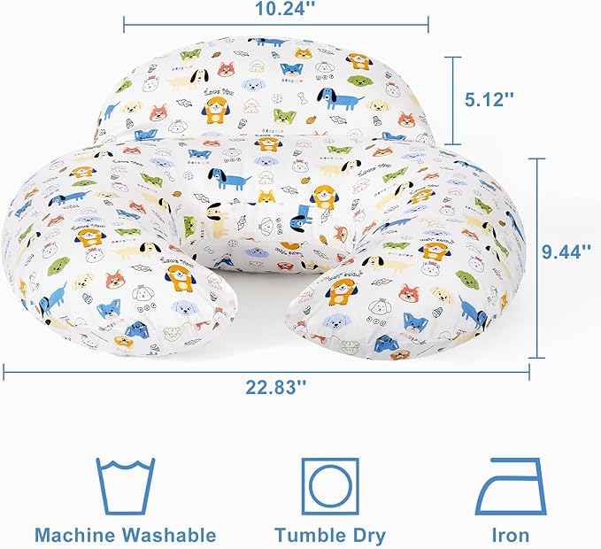 Nursing Pillow for Bottle and Breastfeeding, Ergonomic Design Support for Mom and Baby, Removable Cotton Cover, Machine Washable, Dog Pattern(Creamy White)