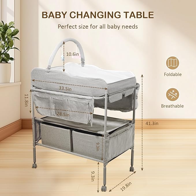 Baby Changing Table,Versatile Folding Changing Table,Waterproof/Foldable/Height Adjustable/Movable/with Silent Wheels/2 Drawers Diaper Changing Station,Mobile Nursery Organizer for Newborn Essentials
