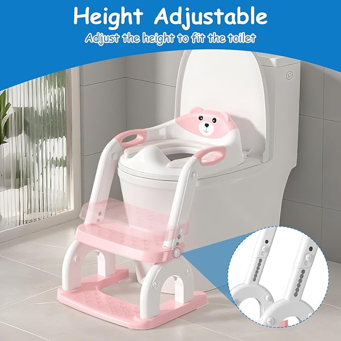 Potty Training Seat with Step Stool for Toddlers - Upgrade 2-in-1 Toilet Seat Toilet Ladder for Kids Children Boys Girls, Anti-Slip Pad & Adjustable Height with Waterproof - Pink