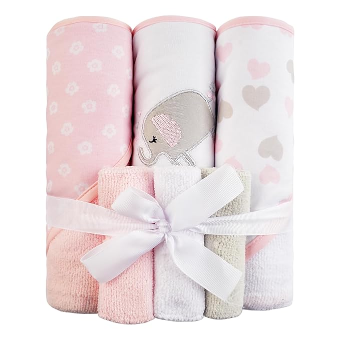 Viviland Baby Towels and Baby Wash Cloths Set Hooded Baby Towels Baby Wipes Absorbent Bath Face Towels Burp Cloths or Face Towels for Girl Boy 6-Pack Size 28 x 28 Inch(Elephant)