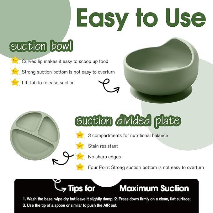 Baby Led Weaning Supplies, 17 Piece BPA-Free Silicone Feeding Set, Eating Essentials Baby Utensils with Suction Plate and Bowl, Pocket Bib, Sippy Cup with Lid, for 6+ Months, Green