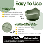 Baby Led Weaning Supplies, 8 Piece BPA-Free Silicone Feeding Set, Silicone Suction Bowl, Forks & Spoons, Bib & Cup, Develops Self Feeding Skills, Dishwasher Safe, for 6+ Months (Green)