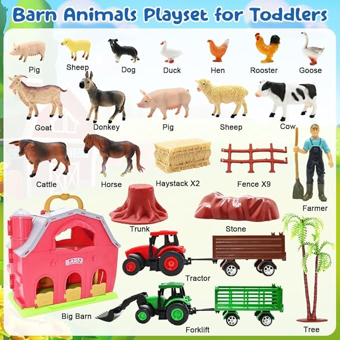 BOLZRA Farm Animals Big Red Barn Toy for 1 2 3 4 5 Years Old Toddlers, Kids Farm Figures Fence Playset with Tractor, Preschool Montessori Learning Toys, Christmas Birthday Easter Gift for Boys Girls