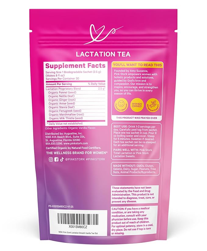 Pink Stork Organic Lactation Tea – Fenugreek, Fennel, Milk Thistle + More – Support for Breastfeeding, Pumping, Hydration, Milk Flow – Smooth Vanilla – 15 Sachets, Caffeine-Free