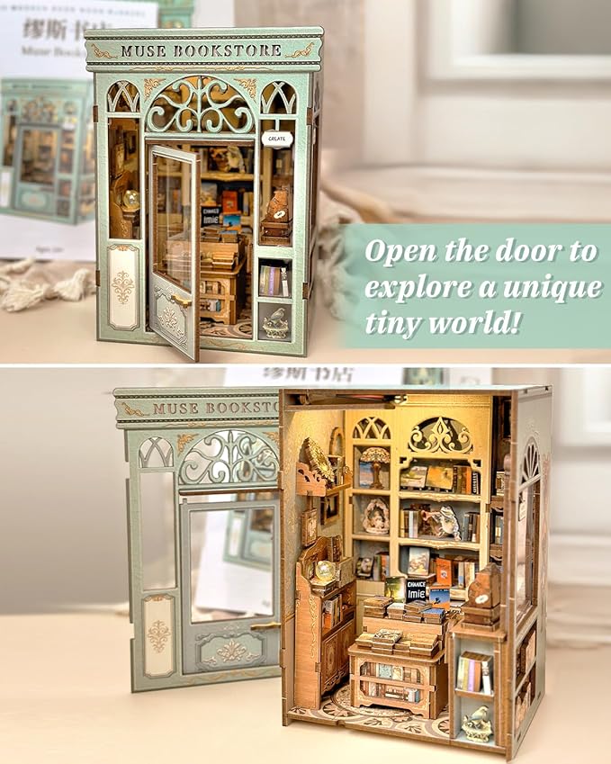 CUTEBEE Book Nook Kit - DIY Miniature House Dollhouse Kit for Adults and Teens, Booknook Tiny House Bookshelf Decor 3D Wooden Puzzle, Gifts for Family, Friends (Muse Bookstore)