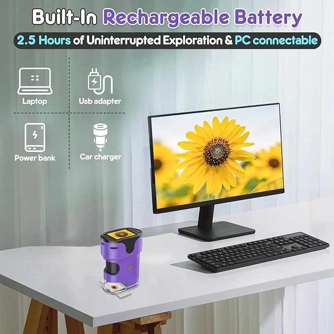 1000X Handheld Microscope for Kids 4K 2.0" Screen Rechargeable Mini Pocket Digital Microscopes w/Slides Kit Portable Edu Gift Age 4-6 8-12 Children Students (Purple)