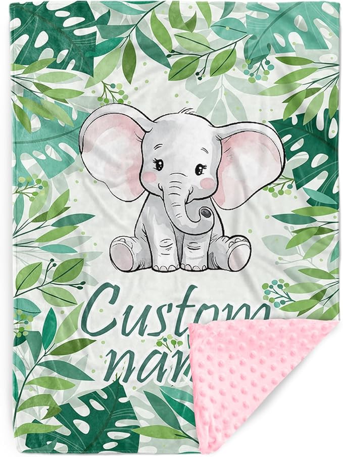 Custom Name Baby Blanket – Plush Flannel with Double-Layer Dotted Backing – Elephant and Green Leaves Theme for Infants and Toddlers