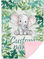 Custom Name Baby Blanket – Plush Flannel with Double-Layer Dotted Backing – Elephant and Green Leaves Theme for Infants and Toddlers