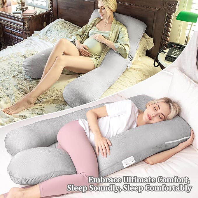 Chilling Home Pregnancy Pillow, 55in Pregnancy Pillows for Sleeping, U Shape Body Pillows for Adults, Maternity Pillow for Pregnant Women, with Grey Jersey Cotton Removable Cover