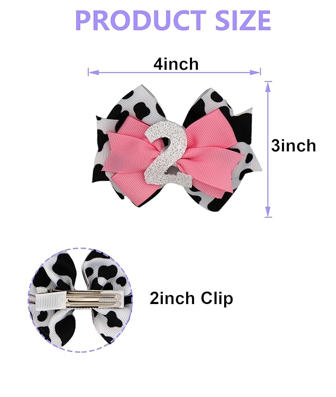 Birthday Hair Bow for Baby Girls 1 2 3 4 5 6 Years Sprinkle Decorations Party Pink Hair Accessories for Two 2nd Birthday Cow Print Cowgirl