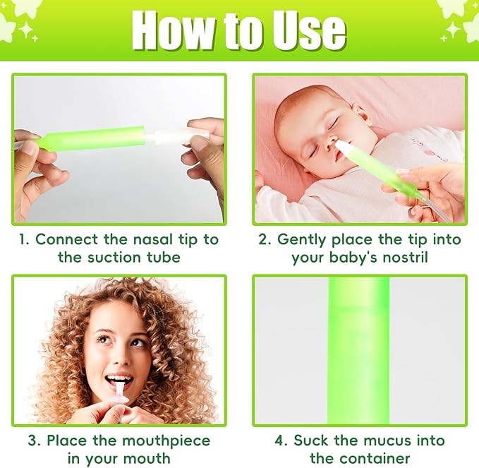Baby Nasal Aspirator Nasal Congestion Relief with 25 Hygiene Filters 2 Silicone Tips with Nose Cleaning Tweezer, Green