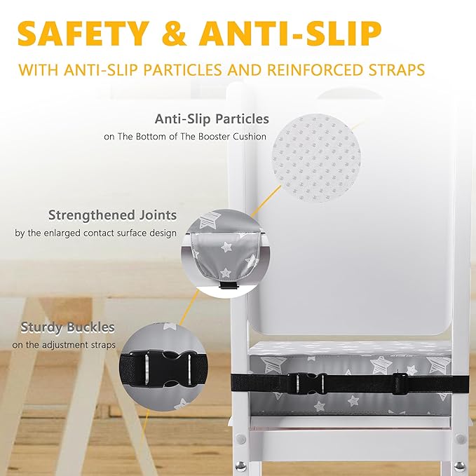 Booster Seat for Kitchen Chair with Adjustable Straps, Toddler Booster Seats for Dining Table Portable for Travel Camping Eating, Booster Cushion for Table for Baby Child Infant Kid Boy Girl