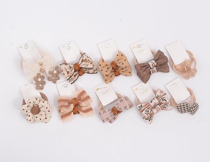 Boutique Hair Ties, 20 Pcs (10pairs) Hair Accessories with Bows, 1.2 Inch Hair Ties for Baby Girls, Toddler Hair Bows, Elastics Ponytail Holders for Kids Under 4 Years Old (Set-E)