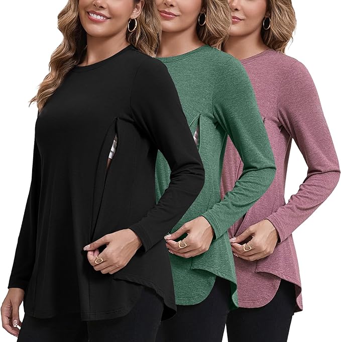 GINKANA Women's Nursing Shirts Long Sleeve 3 Packs Hidden Zipper Breastfeeding Pumping Tops Side Split Maternity Clothes