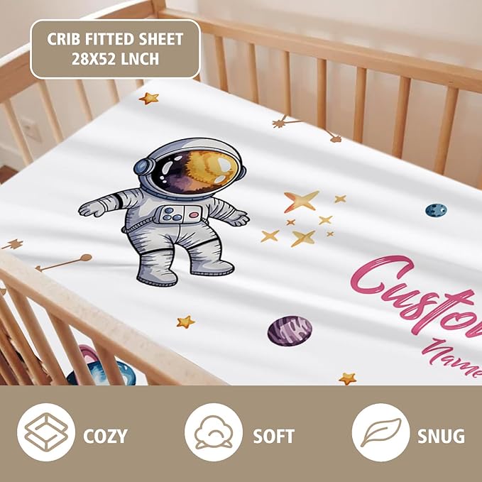 Personalized Baby Crib Bedding Set – Pink Space Theme Nursery Bedding Sets 3 Piece with Custom Name Blanket, Fitted Crib Sheet & Changing Pad Cover – Ideal Newborn Gift for Girls