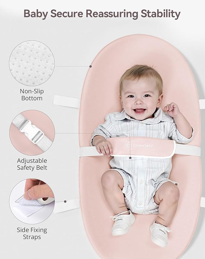 COMOMY Baby Changing Pad with Wipeable & Waterproof PU Cover, Contoured Diaper Changing Pad for Dresser with Non-Slip Safety Belt, Portable and Lightweight, Large Cushioned Foam, Pink