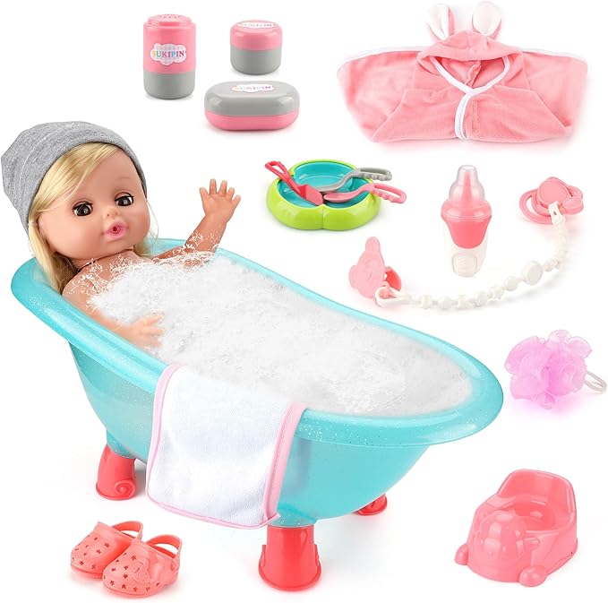 Baby Doll Bath Set, Bathtub Baby Doll Playset for Todders, for 3 4 5 Year Old Girls, Party Favors Toys Stocking Stuffers for Toddlers Kids (Bathtub Set)
