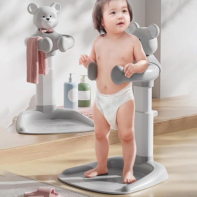 Adjustable Baby Shower Stand with Anti-Slip Base, Huggable Bear Bath Support, Portable Baby Shower Stand, Bath Shower Standing Support Baby Bath Stand for Infants Babys Grey Bear