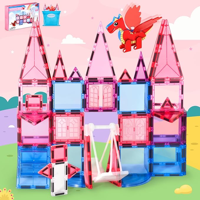 Magnetic Tiles for Kids Age 4-8 with Dragon, 36 Piece Princess Castle Magnet Tiles for Girls, Movable Dragon Toys for 3+, Creative Magnetic Construction Building Set for Class, Xmas Gift for Grandkids