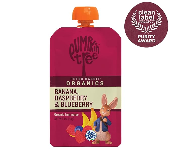 Pumpkin Tree Peter Rabbit Organics, Organic Raspberry, Banana and Blueberry 100% Pure Fruit Snack, 4 oz. Squeeze Pouches (Pack of 10)