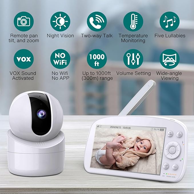 Baby Monitor with Camera and Audio, No WiFi, 5" HD IPS Screen & Remote Pan-Tilt-Zoom, HD Night Vision, 2-Way Talk, Cry Notifications, Temperature Sensor, 5 Lullabies, 1000ft Long Range