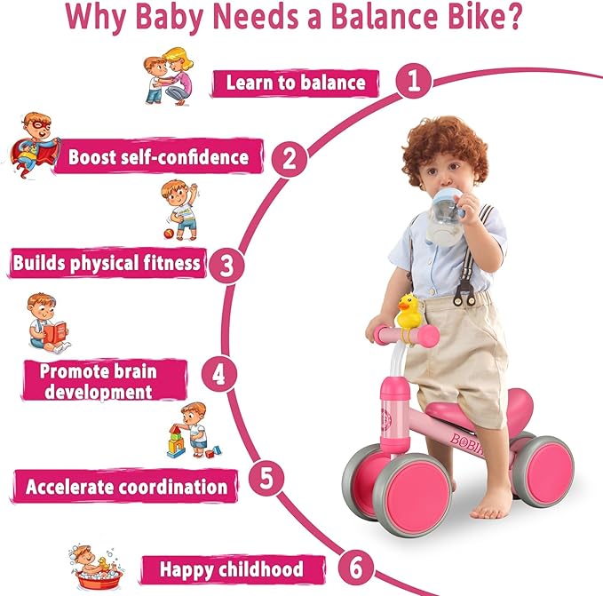 Baby Balance Bike Toys for 12-36 Months Kids Toy Boy and Girls Gifts Toddler Best First Birthday Gift Children Walker No Pedal Infant 4 Wheels Bicycle (Classic, Rose Red)