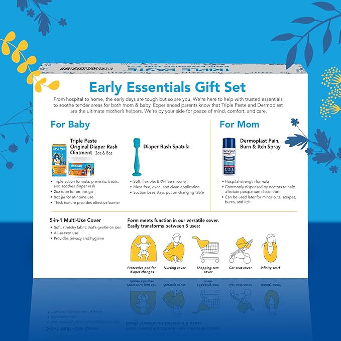 Triple Paste Mom & Baby Early Essentials Gift Set with 5 Items, Diaper Rash Ointment 8oz Jar & 2oz Tube, Spatula Applicator, Dermoplast Spray, and Multi-Use Cover, Shower Gifts for Moms