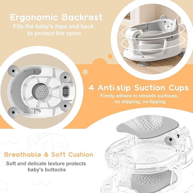 Baby Bath Seat for Babies 6 Months & Up, Infant Bath Chair for Newborn Sitting Up, Non-Slip Toddler Bath Tub Seat with Suction Cups & Soft Cushion for Shower, Compact Toddler Bathtub Seat, Cement grey