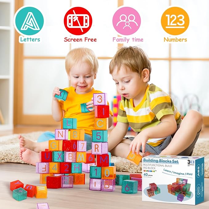 40 PCS Building Blocks for Toddlers, ABC & Number Stacking Blocks Toys for Kids with Color ID Cards, Alphabet Learning and Educational STEM Toy for Boys Girls Gifts 3 4 5 6