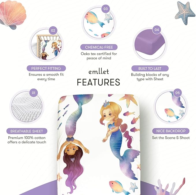 100% Cotton Fitted Crib Sheet – “Mermaid Lagoon” Under The Sea Theme, Soft Girl Nursery Bedding, Standard Crib/Toddler Mattress Fit