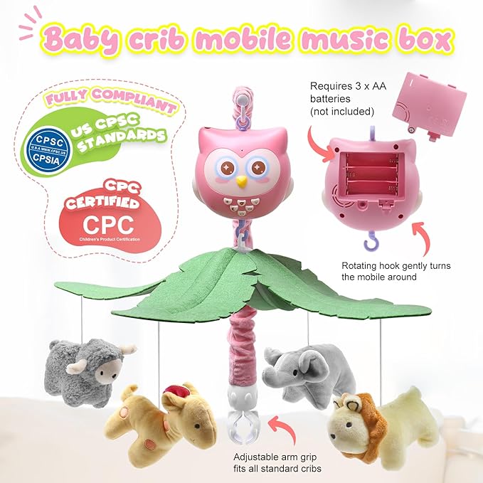 Baby Crib Mobile with Music and Lights for Boys Musical Mobile Animals for Crib Bassinet Girls Toys Hanging Portable Safari Nursery Decor Pink