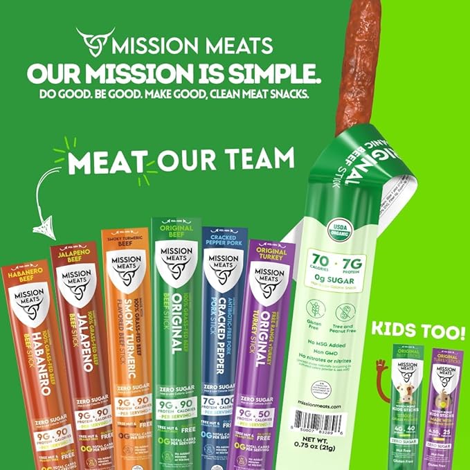 Mission Meats Variety Pack with Certified Organic Beef, Grass Fed, Free Range Turkey, and Cracked Pepper Pork – Gluten & Sugar Free, Whole 30 & Paleo Friendly, Delicious and Family Friendly (12 Count)