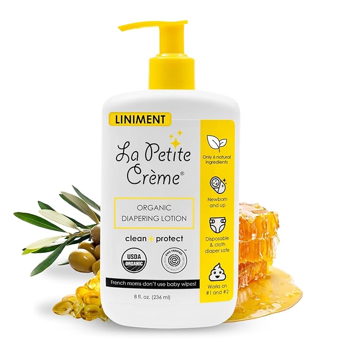 La Petite Creme French Premium Liniment Baby Lotion - Diaper Cream Alternative to Wet Wipes - Gentle Moisturizer & Skin Cleanser, USDA Certified Organic Ingredients - Newborn Essentials (8 oz)