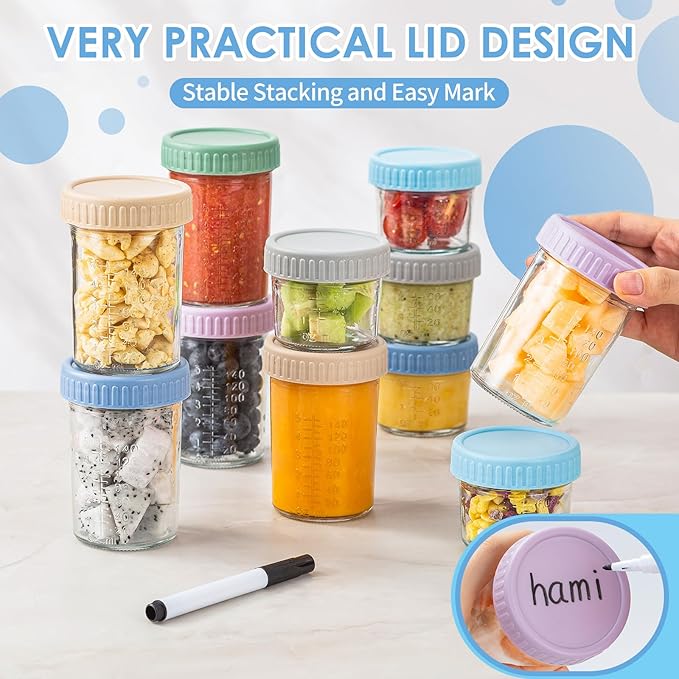 DRKIO 12 Pack Glass Baby Food Storage Containers - 4 & 8 oz Baby Food Jars with Lids Baby Food Maker Microwave Dishwasher Freezer Safe 100% Leak Proof BPA Free Reusable