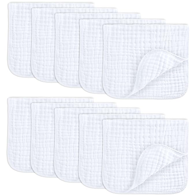 Comfy Cubs Muslin Burp Cloths 20" x 10", Pack of 10 - Large, 6-Layer, Ultra Absorbent 100% Cotton for Baby Drool and Messes - Soft, Safe & Gentle Baby Burp Cloths for Boys & Girls - White