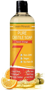 Seven Minerals Pure Castile Soap, Sweet Orange 8oz - No Palm Oil, GMO-Free - Gentle Liquid Soap For Sensitive Skin & Baby Wash - All Natural Vegan Formula with Organic Carrier Oils
