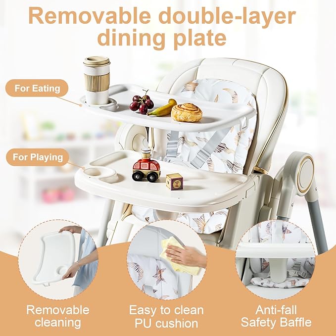 Foldable High Chair for Babies and Toddlers，Baby Swings for Infants 6-36 Months Old, Portable Baby Chair with Adjustable Backrest, Footrest, Tray, and Seat Height, Detachable Leather Cushion