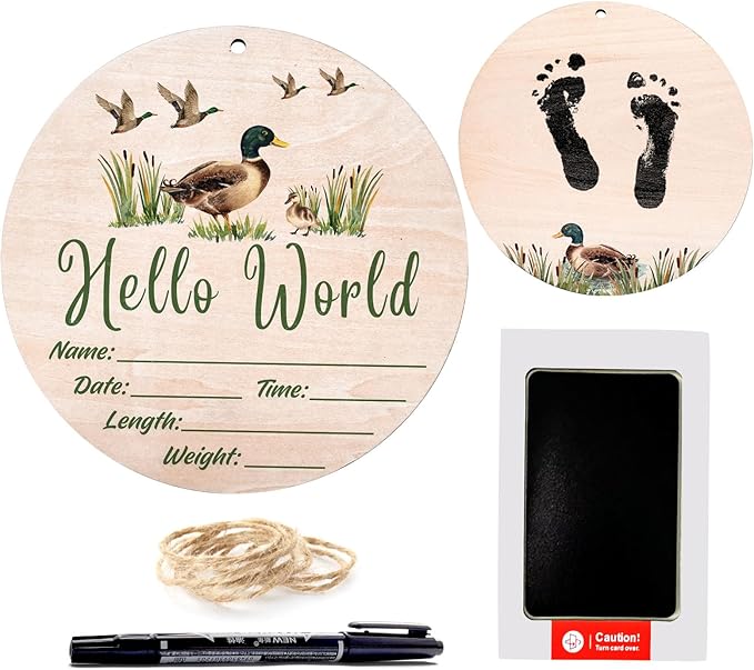 Mallard Duck Baby Announcement Sign, Hello World Newborn Sign, 6.7 Inch Round Wooden Name Sign for hospital, With Ink Pad for Hand and Footprints, Marker Pen, Baby Photo Prop & Keepsake